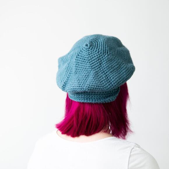 Handmade Crochet Knit Sky Blue Beanie Newsboy Cap & Fingerless Glove Set - Picture 4 of 9